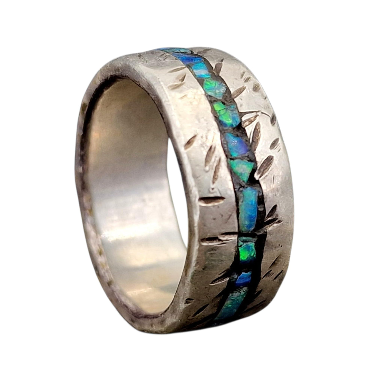 LeoLars-PABE Lightning Ridge Opalsplitter teilgeschwärzter Design Ring aus 925er Silber, Gr. 55 (17,5), buntes Opalfeuer in Kunstharz, gehämmert, Unikat, Handarbeit