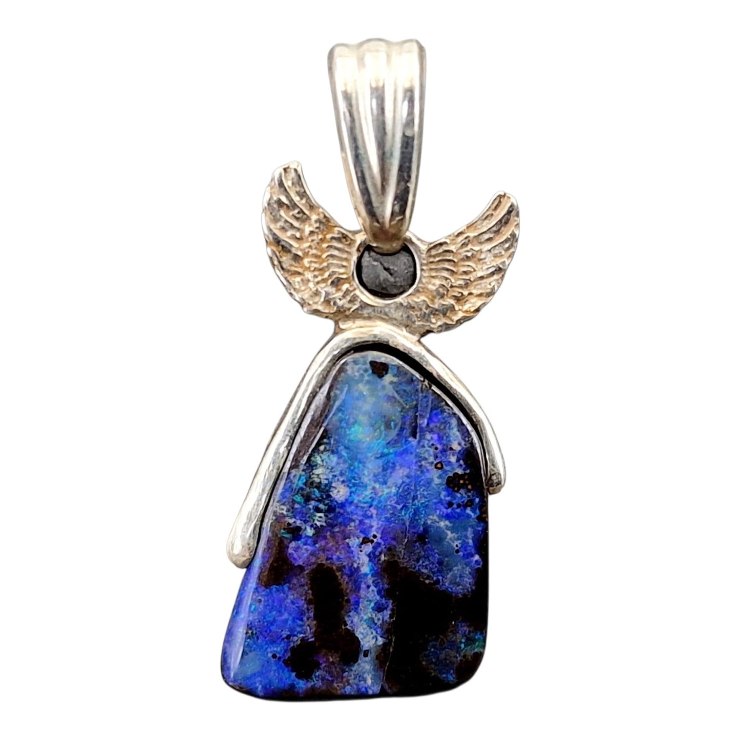 LeoLars-PABE Boulder Opal Design Anhänger aus 925er Silber, himmlisches blaues Opalfeuer, mit kleinen Flügeln, Picture Stone, Unikat, Handarbeit, Unisex