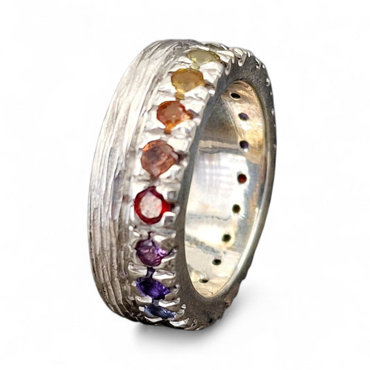LeoLars-PABE Memory Design Ring aus 925er Silber mit Regenbogen farbenen Saphieren im Farbverlauf, Gr.58 (18,5), massiv, Unikat, Handarbeit