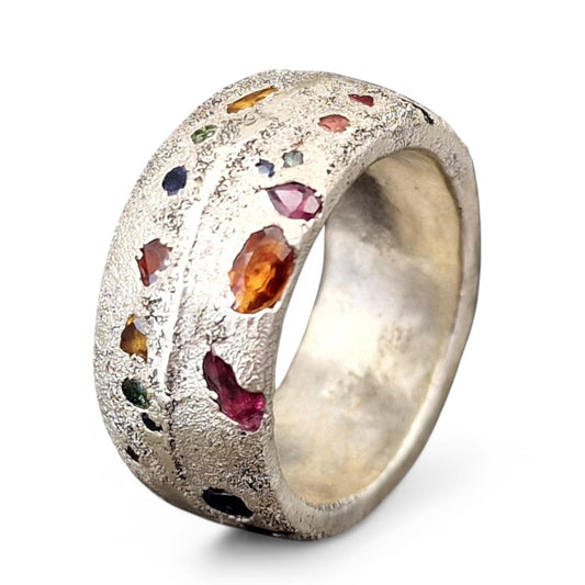 LeoLars-PABE Sandguss Chaos Design Ring mit echten eingegossenen Edelsteinen, Gr. 59 (18,7), aus 925er Silber mit Sandguss typischer Oberflächen Struktur, Unikat, Handarbeit, Nr. 183