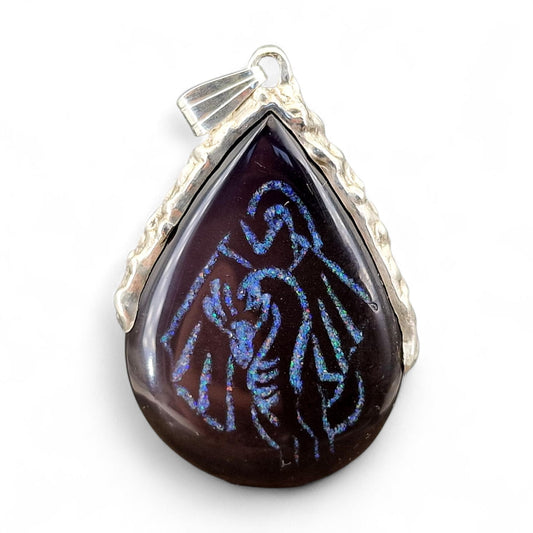 LeoLars-PABE Gecarvter Obsidian Design Anhänger mit Drache aus bunten Opalsplittern, aus 925er Silber mit organisch natürlicher Oberfläche, Drachenanhänger, Unisex, Unikat, Handarbeit