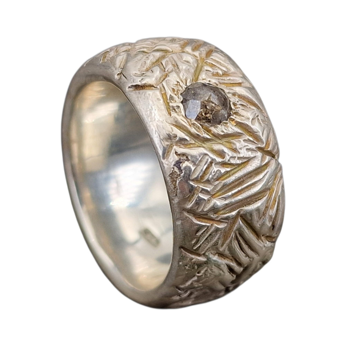 LeoLars-PABE Massiver Diamant Design Ring, Gr. 61 (19,5), aus 925er Silber, hell grau-brauner Diamant, wild schraffierte Oberflächen Struktur, Unisex, Unikat, Handarbeit