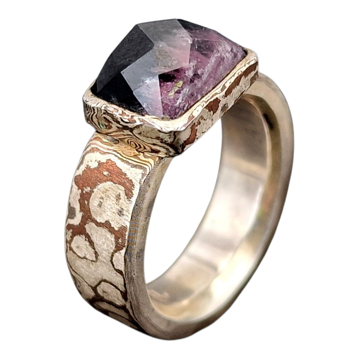 LeoLars-PABE Zweifarbiger Turmalin Design Ring aus MokumeGane, 925er Silber-Kupfer, Gr. 56 (16,7), Dunkelgrün bis Rosa frei facettiert, Unikat, Handarbeit