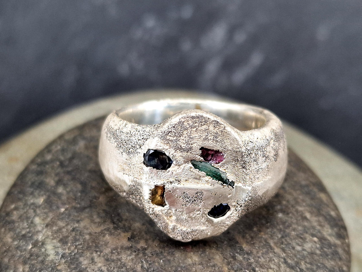 LeoLars-PABE Chaos Sandguss Design Ring aus 925er Silber, Gr.62 (19,7), typische Oberfläche, Siegelring Optik, Unisex, verschiedene Edelsteine, Unikat, Handarbeit, Nr. 166