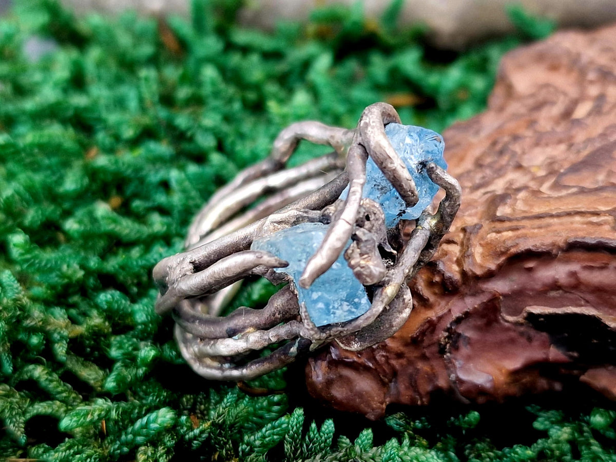 LeoLars-PABE Organisch gewachsener Aquamarin Rohsteine Design Ring, wie Wurzeln, magisch, mystisch, teilgeschwärzt, Gr. 60 (19,3), Unikat, Handarbeit, teilgeschwärzt, aus 925er Silber