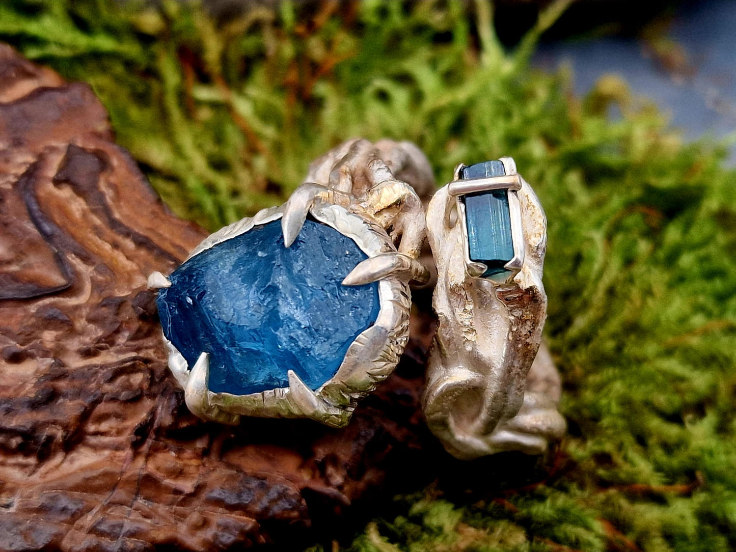 LeoLars-PABE Broken Design Ring aus 925er Silber, Gr. 60 (19,2) Aquamarin Kristall und Indigolith Rohstein, organisch, natürlich, Unikat, Handarbeit