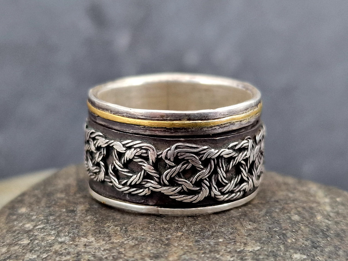 LeoLars-PABE Spinner Design Ring aus 925er Silber und einem 585er Gelbgold Band, mit Filigree Elementen, teilgeschwärzt, Gr. 61 (19,5), Unikat, Unisex, Handarbeit