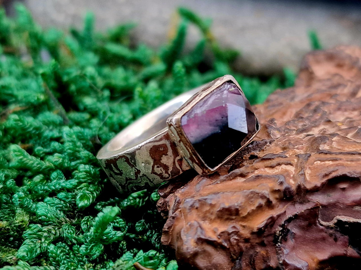 LeoLars-PABE Zweifarbiger Turmalin Design Ring aus MokumeGane, 925er Silber-Kupfer, Gr. 56 (16,7), Dunkelgrün bis Rosa frei facettiert, Unikat, Handarbeit
