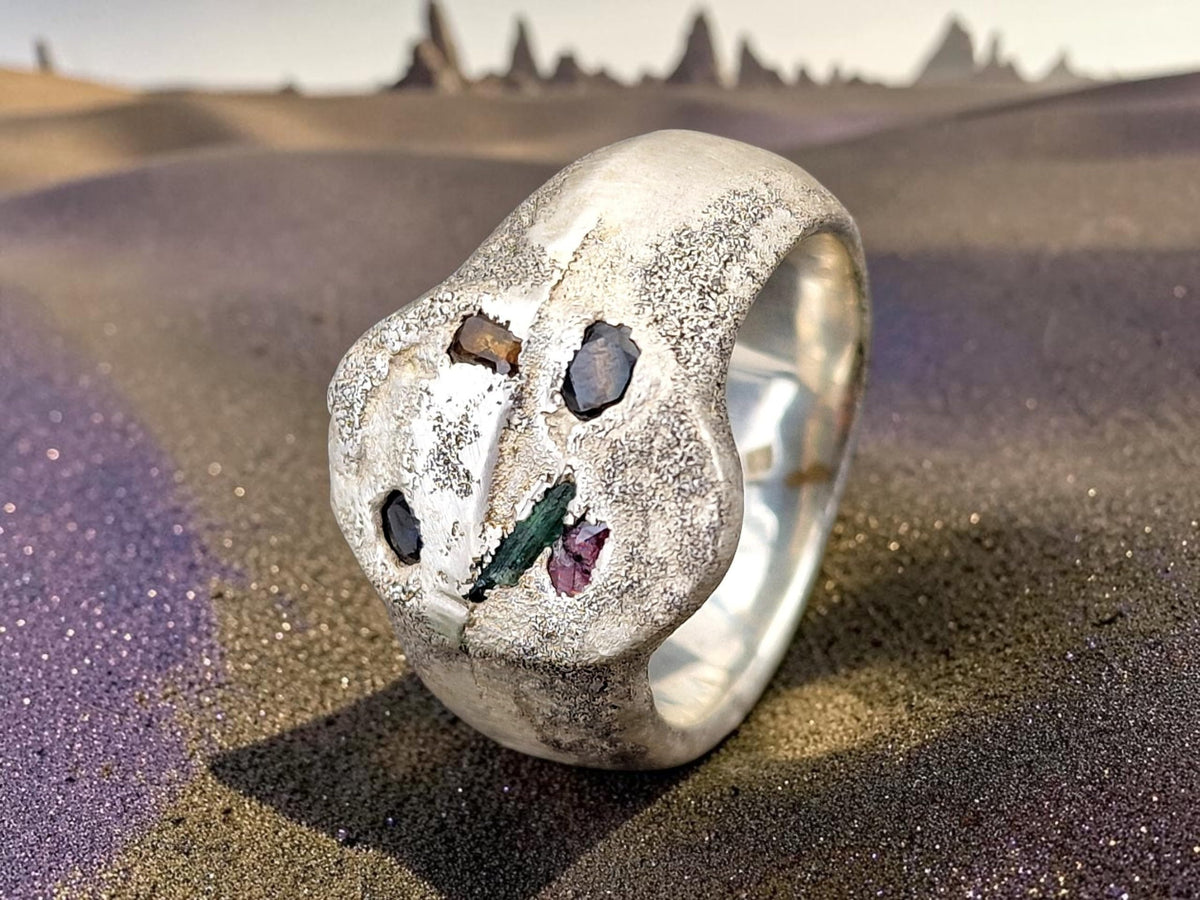 LeoLars-PABE Chaos Sandguss Design Ring aus 925er Silber, Gr.62 (19,7), typische Oberfläche, Siegelring Optik, Unisex, verschiedene Edelsteine, Unikat, Handarbeit, Nr. 166