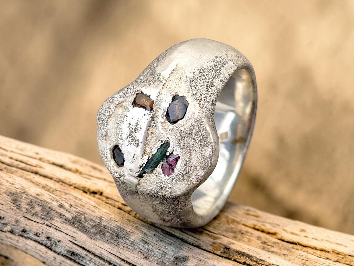 LeoLars-PABE Chaos Sandguss Design Ring aus 925er Silber, Gr.62 (19,7), typische Oberfläche, Siegelring Optik, Unisex, verschiedene Edelsteine, Unikat, Handarbeit, Nr. 166
