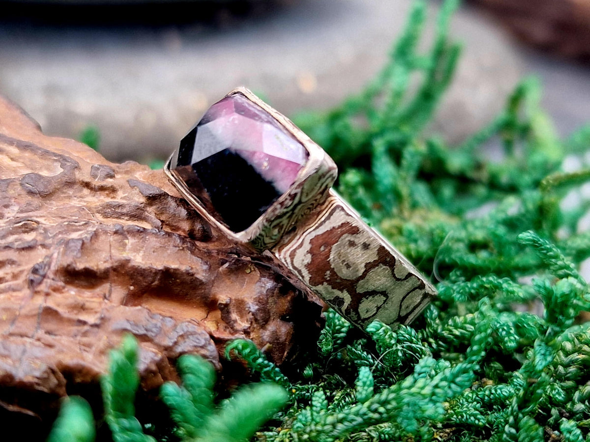 LeoLars-PABE Zweifarbiger Turmalin Design Ring aus MokumeGane, 925er Silber-Kupfer, Gr. 56 (16,7), Dunkelgrün bis Rosa frei facettiert, Unikat, Handarbeit