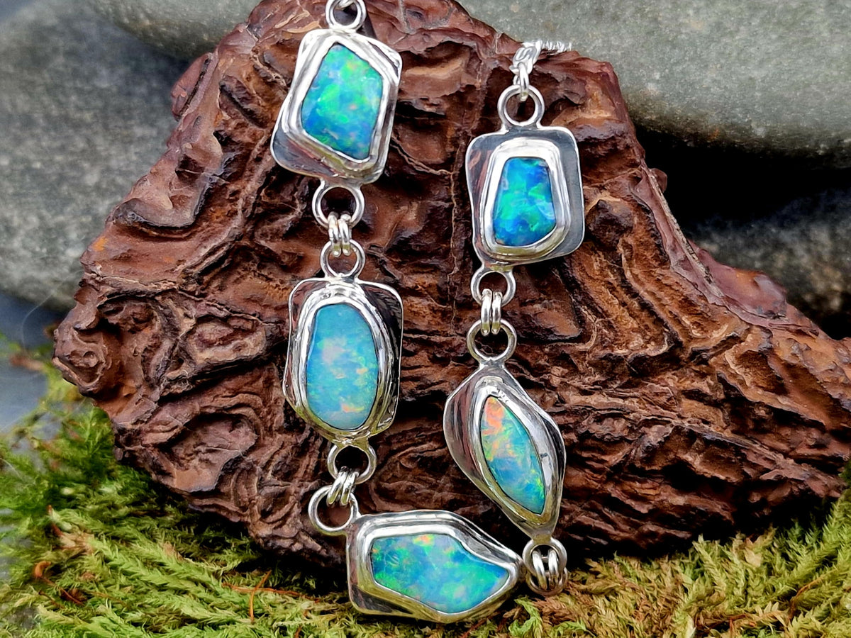 LeoLars-PABE Wundervolles Coober Pedy Opal Design Armband aus 925er Silber, opalisierte Muscheln mit brilliantem Multicolor Opalfeuer, 21 cm lang, Unikat, Handarbeit