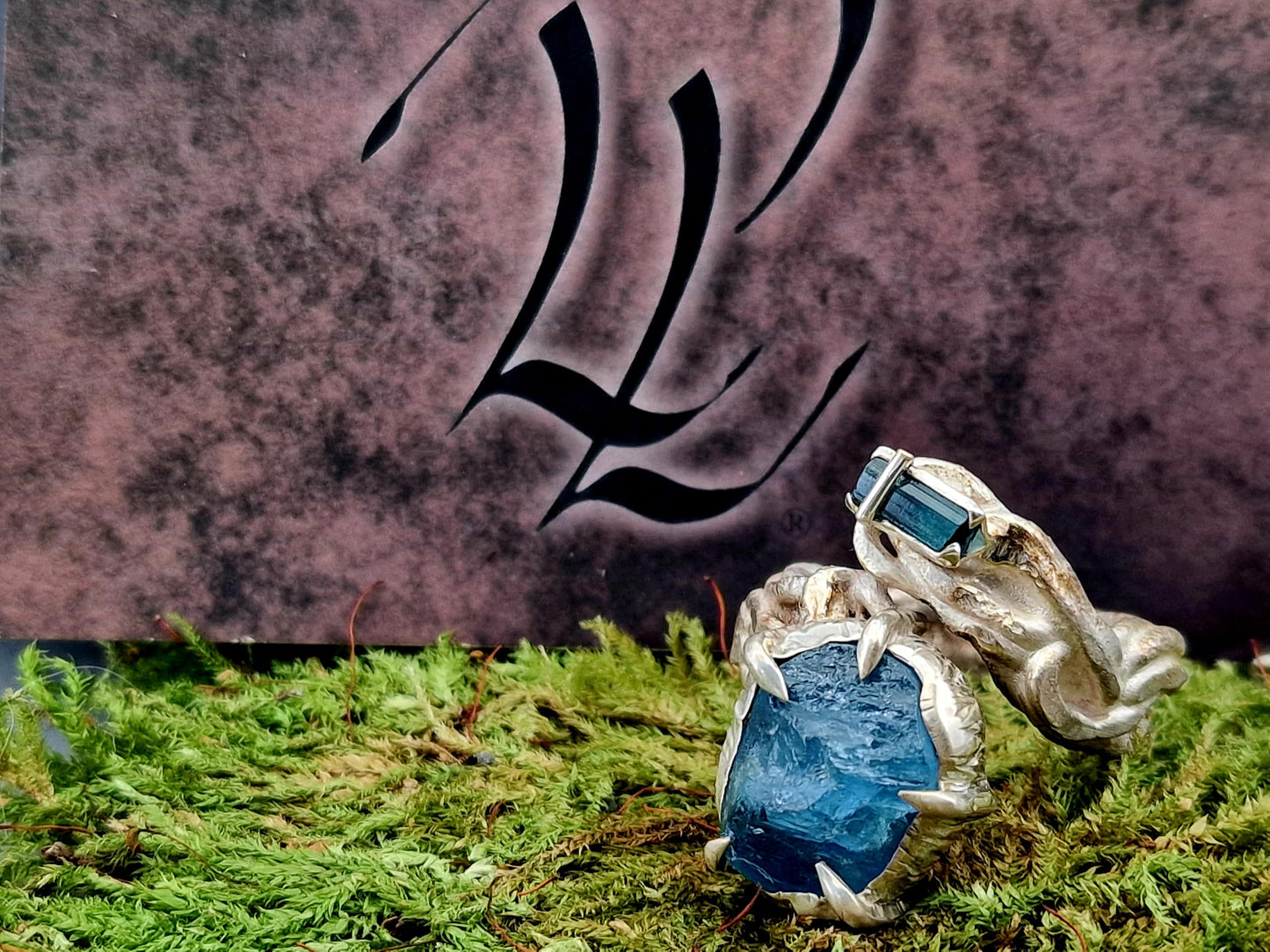 LeoLars-PABE Broken Design Ring aus 925er Silber, Gr. 60 (19,2) Aquamarin Kristall und Indigolith Rohstein, organisch, natürlich, Unikat, Handarbeit