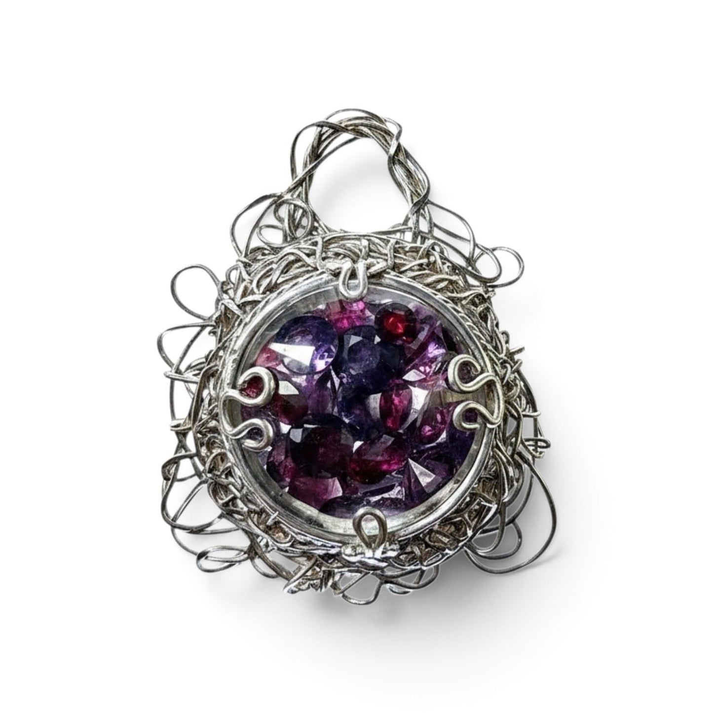 Wilder Granat Design Anhänger aus 925er Silber, zwei verschiedene Granatarten hinter Glas, filigran, mystisch, magisch, Unikat, Handarbeit, Unisex