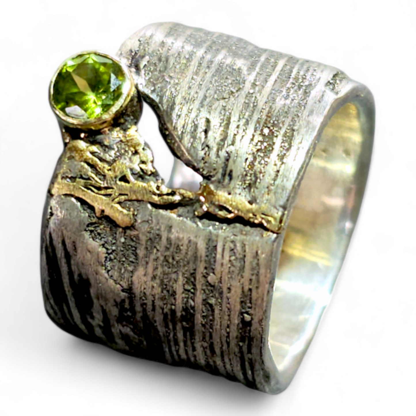 LeoLars-PABE Peridot Design Ring, Gr.56, aus 925er Silber 585er Goldfassung und Gold Akzenten, echte Pampasgrasstruktur, teilgeschwärzt, Unikat, Handarbeit