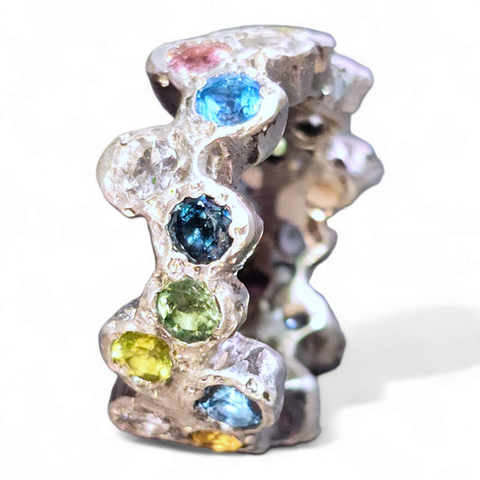 LeoLars-PABE Edelstein Design Ring, Gr.56-57, aus 925er Silber, sehr massiv, mit echten rund facettierten verschiedenen Edelsteinen in allen Farben, Unikat, Handarbeit