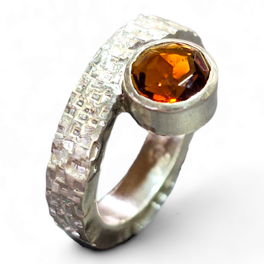 LeoLars-PABE Madeira Citrin Ring aus 925er Silber, Gr.58, Structure Design kleine Quadrate, Unikat, Handarbeit