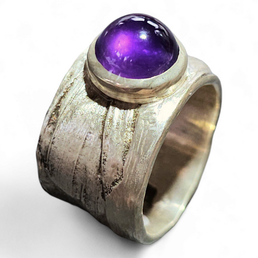 LeoLars-PABE Amethyst Design Ring, Gr.62 (20), aus 925er Silber mit echter Bambusstruktur, dunkel Lila, Unikat, Handarbeit