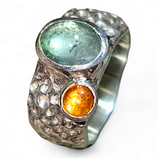LeoLars-PABE Design Ring, Gr. 57, aus 925er Silber im Bubble Design mit Turmalin und Mandarin Granat, massiv, Unikat, Handarbeit