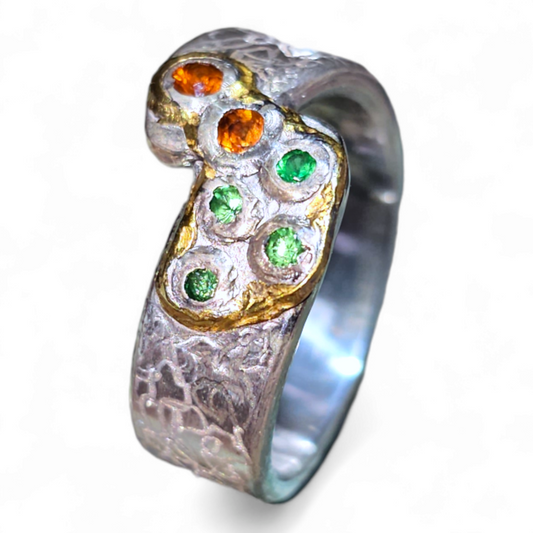 LeoLars-PABE Smaragd und Madeira Citrin Design Ring, Gr.56, aus 925er Silber mit Feingoldakzenten, Structure Design, Unikat, Handarbeit