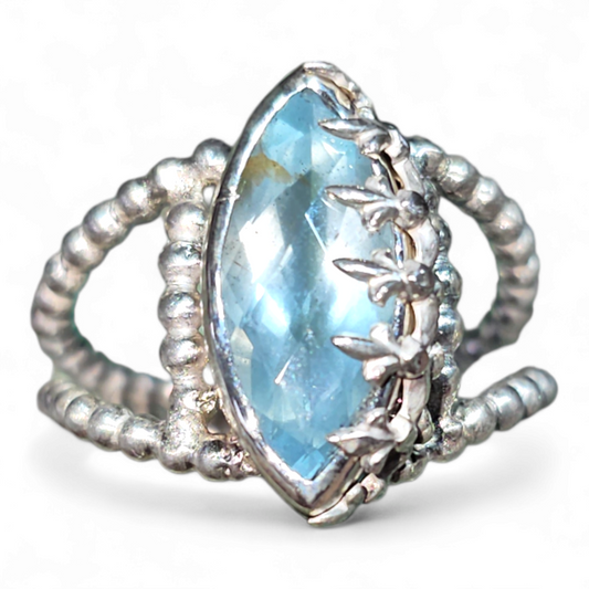 LeoLars-PABE Aquamarin Design Ring, Gr.58 (18,5), aus 925er Silber, Eisblume, Perldraht Ringschiene, Unikat, Handarbeit