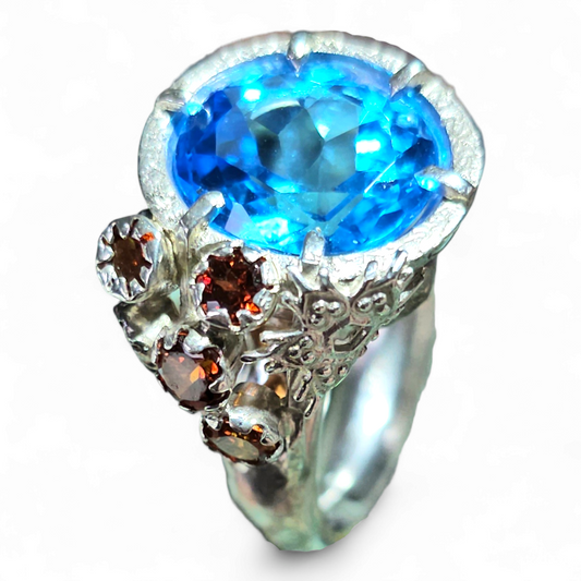 LeoLars-PABE Design Ring Fire and Ice mit Blautopas und Mandarin Granat, 925er Silber, Gr. 63, Unikat, Handarbeit