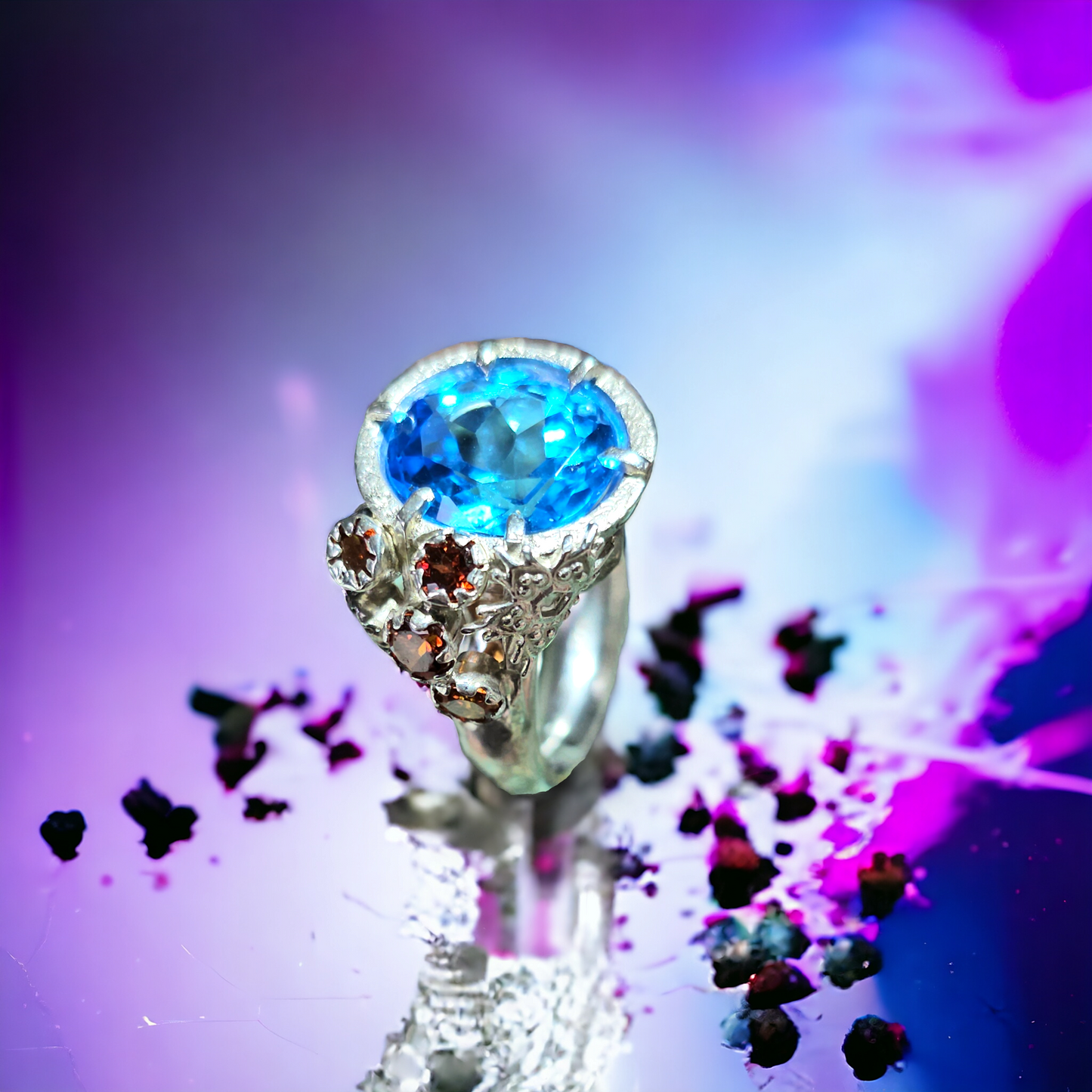 LeoLars-PABE Design Ring Fire and Ice mit Blautopas und Mandarin Granat, 925er Silber, Gr. 63, Unikat, Handarbeit