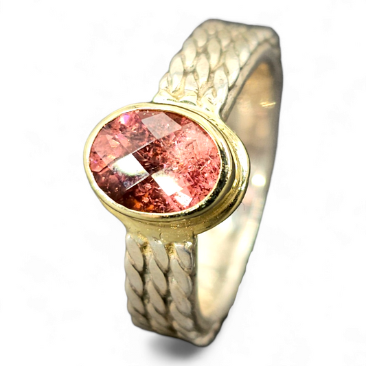 LeoLars-PABE Rosa Turmalin Design Ring, Gr.58 (18,7), aus 925er Silber mit 585er Gold Fassung, Bicolor Ring, Unikat, Handarbeit
