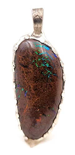 LeoLars-PABE Boulder Matrix Opal Design Anhänger aus 925er Silber, Mehrfarbig, Opal 32x15mm, Unikat, Handarbeit