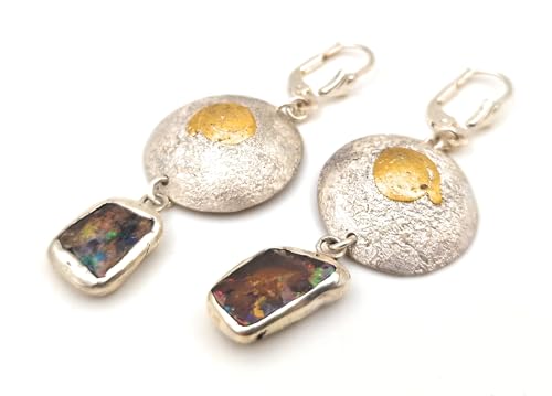 Boulder Opal Design Ohrhänger aus 925er Silber mit Feingold Akzenten, Opale mehrfarbiges Opalfeuer, mit Brisuren, Unikat, Handarbeit