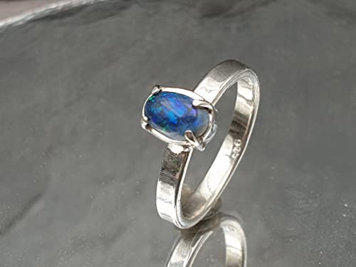LeoLars-PABE Schwarzer Opal Ring, Gr.54, aus 925er Silber, Krappenfassung, grün-blau, Unikat, Handarbeit