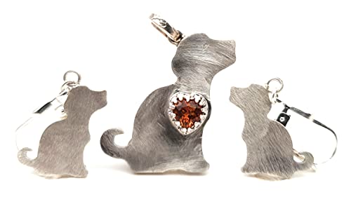 LeoLars-PABE Hunde Anhänger und Ohrhänger Set mit Citrin Herz aus 925er Silber, Handarbeit