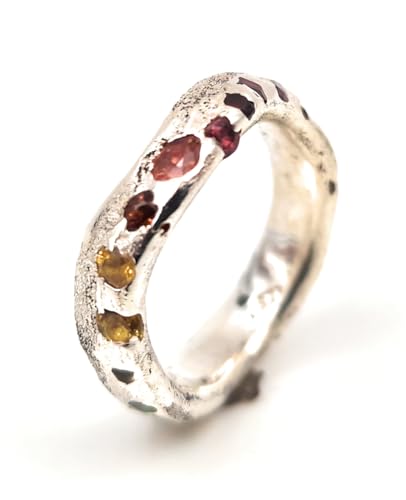 LeoLars-PABE Geschwungener Sandguss Design Ring, Gr.57 (18,2), aus 925er Silber mit eingegossenen bunten echten Edelsteinen, Unikat, Handarbeit