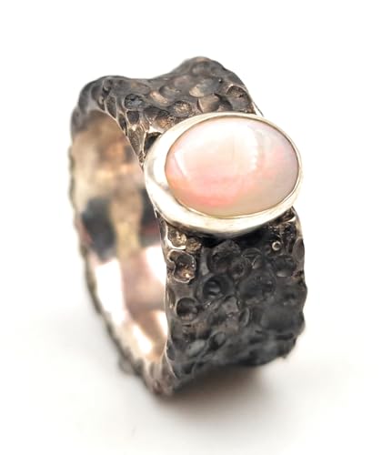 LeoLars-PABE Weißer Opal Design Ring, Gr.58-59, im Lava Style aus 925er Silber, natürlich, massiv, teilgeschwärzt, Unikat, Handarbeit