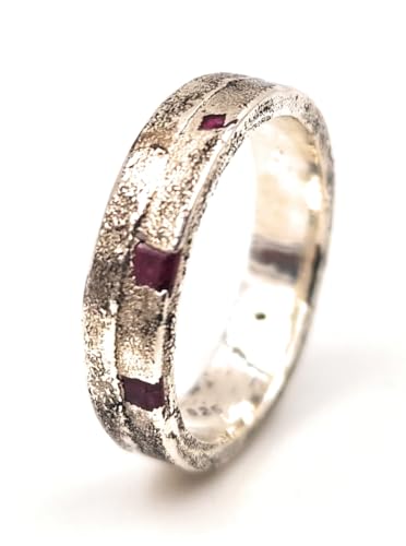 LeoLars-PABE Design Sandguss Rubin Ring, Gr.61-62 (19,5), aus 925er Silber mit eingegossenen echten Rubinen, Handarbeit, Unikat