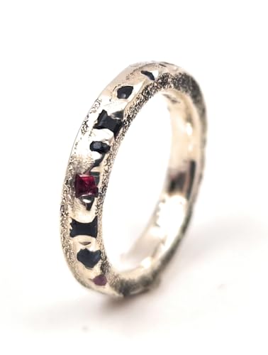 LeoLars-PABE Edelstein Sandguss Design Ring, Gr.52 (16,5), aus 925er Silber mit verschiedenen echten eingegossenen Edelsteinen, Unikat, Handarbeit