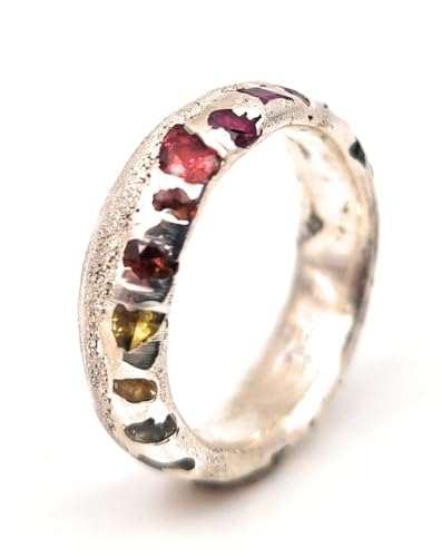 LeoLars-PABE Regenbogen Design Sandguss Ring, Gr.56-57 (18,2),aus 925er Silber mit bunten echten eingegossenen Edelsteinen, selten, Handarbeit, Unikat