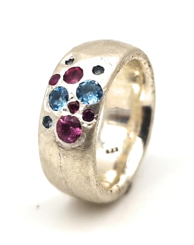 LeoLars-PABE Jeans Sandguss Design Ring, Gr.61, aus 925er Silber mit Blautopas, Rosa Turmalin und Rubin, massiv, Unikat, Handarbeit