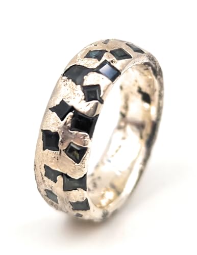 LeoLars-PABE Saphir Design Sandguss Ring, Gr.62 (19,7) aus 925er Silber mit vielen echten blau-grünen eingegossenen Saphiren, Handarbeit, Unikat
