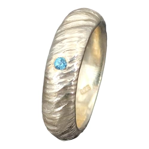 LeoLars-PABE Maritimer Blautopas Wellen Design Ring, Gr. 60 (19), aus 925er Silber, Blautopas Swiss Blue rund facettiert, Wellen Struktur, Unikat, Handarbeit