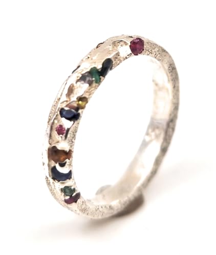 LeoLars-PABE Design Sandguss Ring, Gr. 56-57 (18,2), mit verschieden farbigen eingegossenen Edelsteinen aus 925er Silber, Unikat, Handarbeit