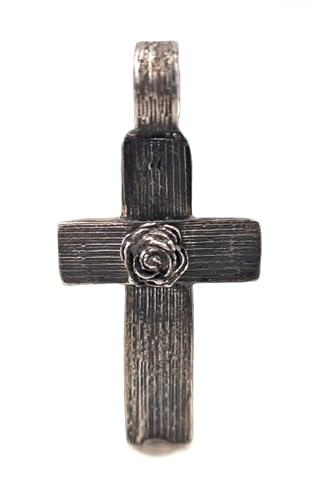 LeoLars-PABE 925er Silber Kreuz mit Rose und Pampasgras Struktur, große Öse, teilgeschwärzt, Gothic, Glaube, Unikat, Handarbeit