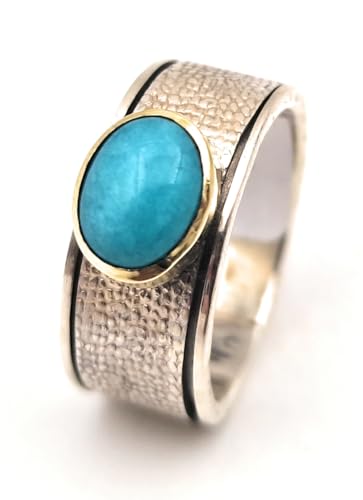LeoLars-PABE Amazonit Spinner Design Ring, Gr. 63, aus 925er Silber mit 585er Gelbgold Fassung, Karibikblau, zum drehen, Unikat, Handarbeit