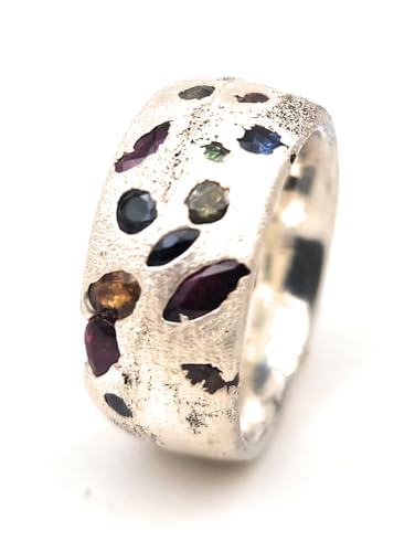 LeoLars-PABE Design Sandguss Ring, Gr.56 (17,8), aus 925er Silber mit verschiedenen echten eingegossenen Edelsteinen, Nr.50, Unikat, Handarbeit