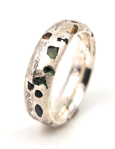 LeoLars-PABE Sandguss Design Ring mit eingegossenen verschieden farbigen Saphiren, Gr.57 (18,2), aus 925er Silber, Unikat, Handarbeit