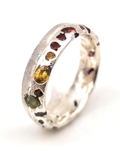 LeoLars-PABE Bunter Sandguss Design Ring, Gr.60 (19), aus 925er Silber mit verschiedenen echten eingegossenen Edelsteinen, Unikat, Handarbeit