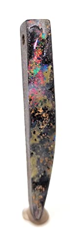LeoLars-PABE Boulderopal Anhänger gebohrt mit 60cm Lederband, Multicolor Opalfeuer, lang, Boulder Opal 47.7 x 7.1 x 7mm, Unikat, Handgeschliffen