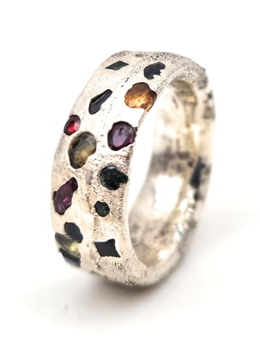 LeoLars-PABE Design Sandguss Chaos Ring, Gr.56 (17,8), mit echten eingegossenen verschiedensten Edelsteinen aus 925er Silber, Nr.52, Unikat, Handarbeit