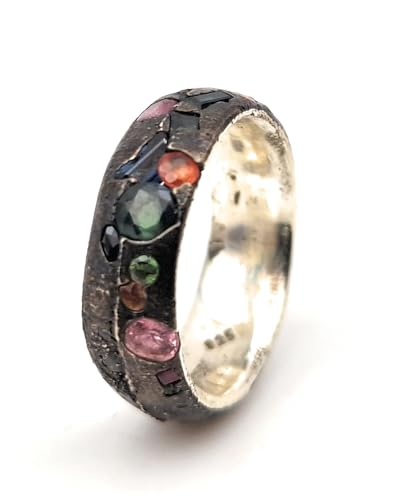 LeoLars-PABE Design Sandguss Ring, Gr.56 (17,8), aus 925er Silber mit echten verschieden farbigen Edelsteinen, Vulkan Design, geschwärzt, Unikat, Handarbeit