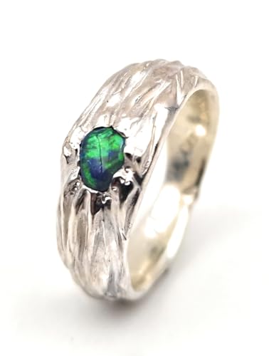 LeoLars-PABE Schwarzer Opal Design Ring, Gr.60 (19), aus 925er Silber im organisch natürlichem Design, Opal - grünes Opalfeuer, Unikat, Handarbeit